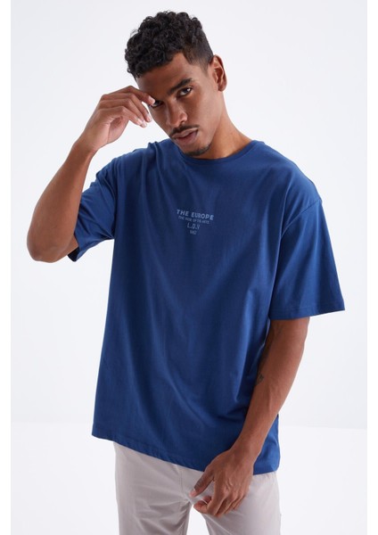 Tommy Life Indigo Sırt Baskılı O Yaka Erkek Oversize T-Shirt - 88091