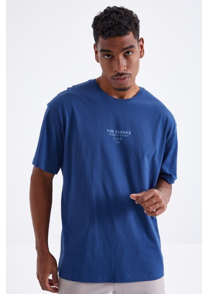 Tommy Life Indigo Sırt Baskılı O Yaka Erkek Oversize T-Shirt - 88091