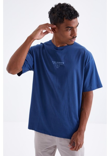 Tommy Life Indigo Sırt Baskılı O Yaka Erkek Oversize T-Shirt - 88091