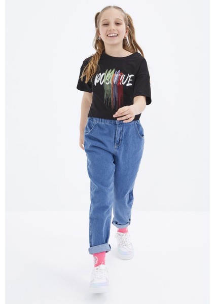 Tommy Life Tommy Life  Siyah Renkli Yazı Baskılı O Yaka Oversize Düşük Omuz Kız Çocuk Crop T-Shirt  - 75036