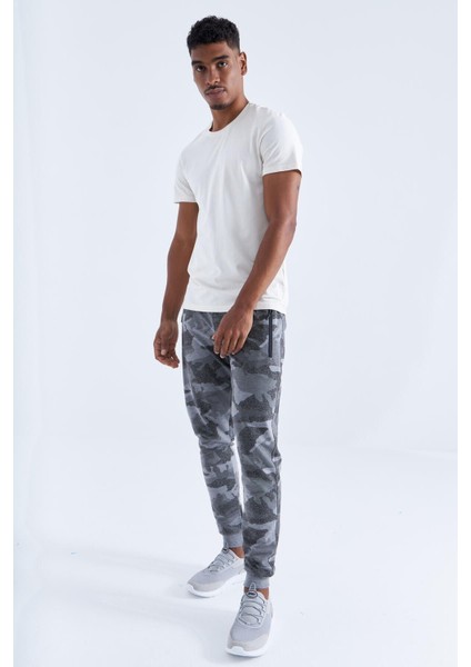 Tommy Life Gri Melanj Erkek Kamuflaj Desenli Dar Kesim Jogger Eşofman Alt-84754