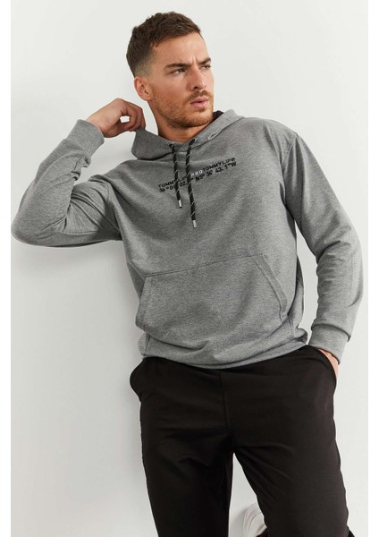 Tommy Life Gri Melanj-Siyah Erkek Kapüşonlu Kanguru Cep Oversize Lastik Paça Eşofman Takımı - 85117
