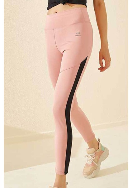 Tommy Life Pudra Kadın Yüksek Bel Toparlayıcılı Şerit Detaylı Slim Fit Dar Paça Tayt-94542_1