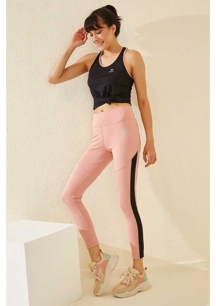 Tommy Life Pudra Kadın Yüksek Bel Toparlayıcılı Şerit Detaylı Slim Fit Dar Paça Tayt-94542_1