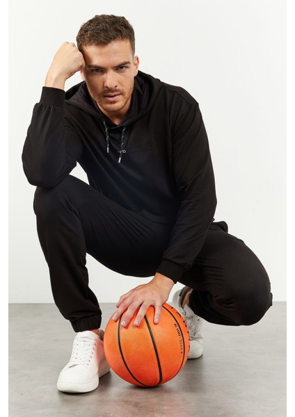Tommy Life Siyah Erkek Kapüşonlu Kanguru Cep Oversize Lastik Paça Eşofman Takımı - 85117