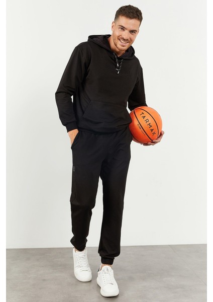 Tommy Life Siyah Erkek Kapüşonlu Kanguru Cep Oversize Lastik Paça Eşofman Takımı - 85117