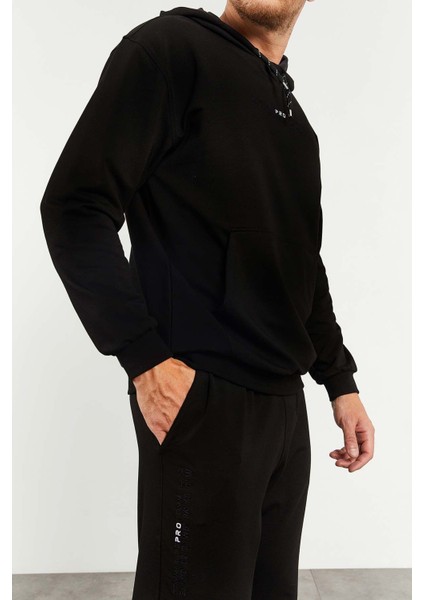 Tommy Life Siyah Erkek Kapüşonlu Kanguru Cep Oversize Lastik Paça Eşofman Takımı - 85117