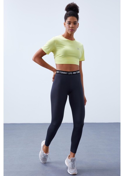 Tommy Life Antrasit Kadın Yüksek Bel Yazı Kemerli Slim Fit Dar Paça Tayt - 94546