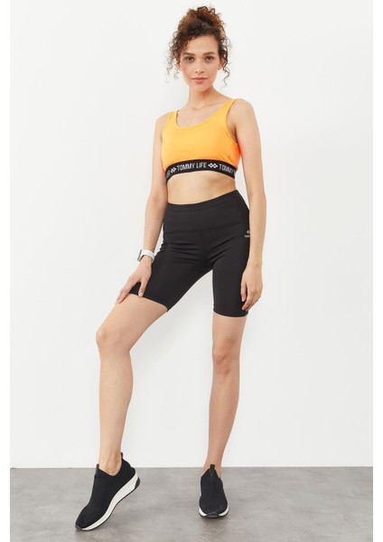 Tommy Life Neon Oranj Kadın Yazı Şeritli Standart Kalıp U Yaka Spor Büstiyer - 97113