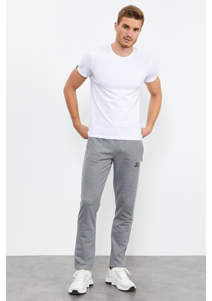 Tommy Life Gri Melanj Erkek Fermuar Cepli Dar Kesim Klasik Paça Eşofman Alt-84669