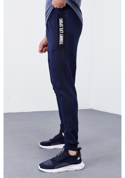 Tommy Life İndigo Erkek Çift Biye Şeritli Standart Kalıp Jogger Eşofman Alt-84694_01