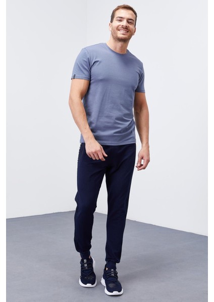 Tommy Life İndigo Erkek Çift Biye Şeritli Standart Kalıp Jogger Eşofman Alt-84694_01