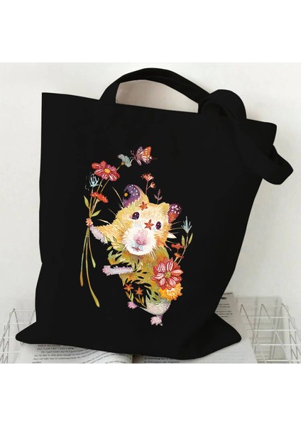 1 Kedi ve Çiçek Baskı Omuz Çantası Kadınlar Için Retro Estetik Yavru Tasarım Tote Çanta Genç Kız Alışveriş Çantası Kadın Tote Çanta (Yurt Dışından)