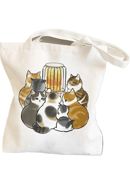 1 Bisiklete Binen Kedi, Sevimli ve Sevimli Baskılı Kanvas Çanta, Omuz Çantası, Öğrenci Çantası, Alışveriş Çantası (Yurt Dışından)