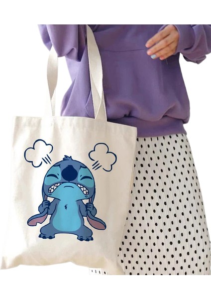 1 Y2K Disney Dikişli Tote Shopper Kanvas Çanta Eko Lilo ve Dikiş Alışveriş Çantası Kadın Tote Harajuku Kadın (Yurt Dışından)