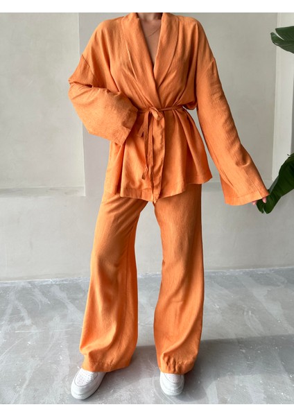 Turuncu Şal Yaka Kimono Pantolon Takım