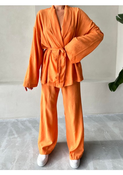 Turuncu Şal Yaka Kimono Pantolon Takım fiyatları