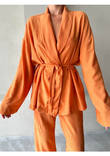 Turuncu Şal Yaka Kimono Pantolon Takım modelleri