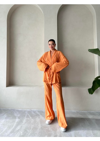 Turuncu Şal Yaka Kimono Pantolon Takım fırsatları