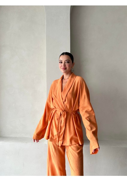 Turuncu Şal Yaka Kimono Pantolon Takım indirimleri