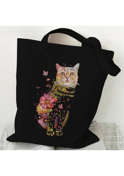 1 Kedi ve Çiçek Baskı Omuz Çantası Kadınlar Için Retro Estetik Yavru Tasarım Tote Çanta Genç Kız Alışveriş Çantası Kadın Tote Çanta (Yurt Dışından)