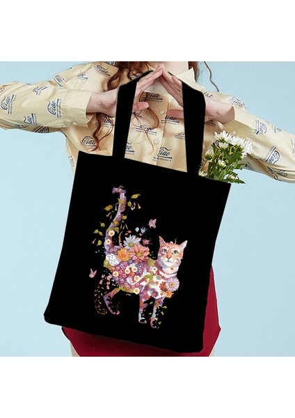 1 Kedi ve Çiçek Baskı Omuz Çantası Kadınlar Için Retro Estetik Yavru Tasarım Tote Çanta Genç Kız Alışveriş Çantası Kadın Tote Çanta (Yurt Dışından)