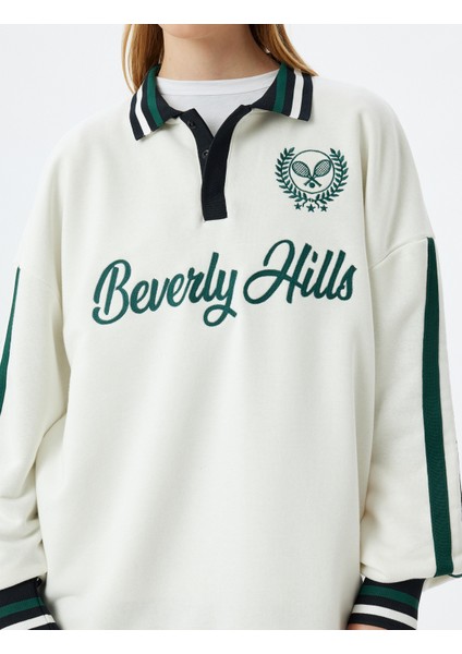 Polo Yaka Sweatshirt Oversize Kolej Işlemeli Şerit Detaylı Düğmeli Şardonlu indirimleri