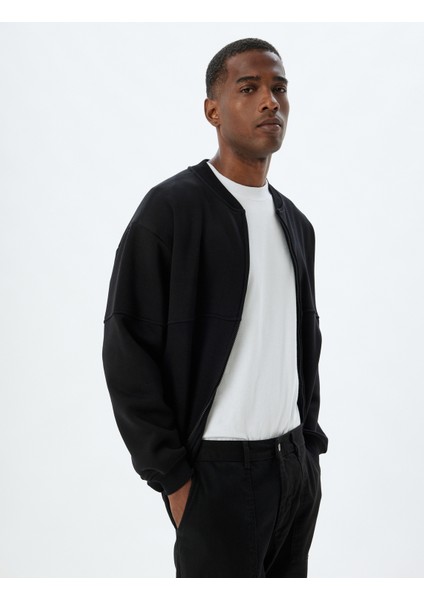 Oversize Sweatshirt Fermuarlı Dikiş Detaylı Şardonlu Pamuk Karışımlı