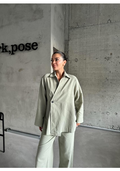 Haki %100 Pamuk Kruvaze Kapama Tek Düğmeli Kimono Pantolon Takım