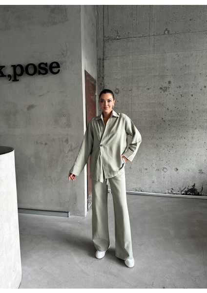 Haki %100 Pamuk Kruvaze Kapama Tek Düğmeli Kimono Pantolon Takım