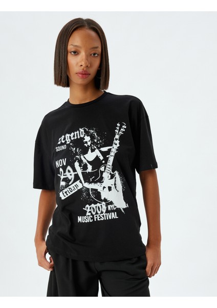Oversize Tişört Slogan Baskılı Bisiklet Yaka Kısa Kollu Pamuklu