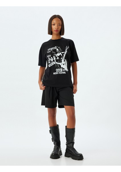 Oversize Tişört Slogan Baskılı Bisiklet Yaka Kısa Kollu Pamuklu fiyatları