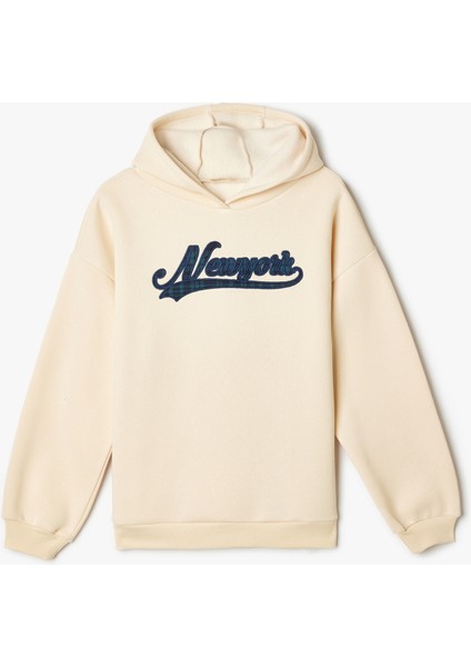 Kapşonlu Sweatshirt Şehir Temalı Baskı Detaylı Uzun Kollu Şardonlu