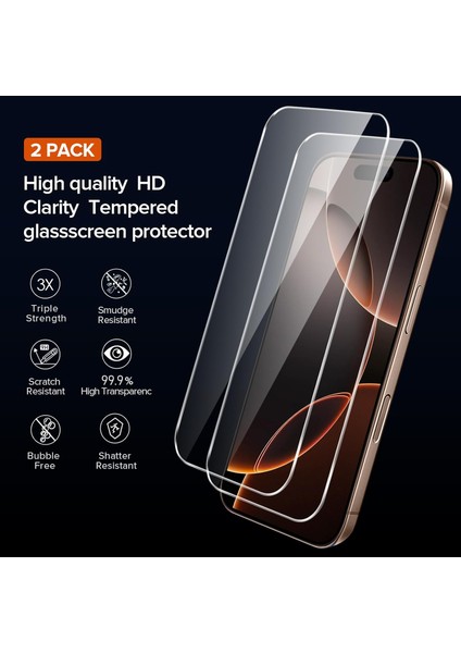 iPhone16 Pro Max Şeffaf Silikon Kılıf, 2 Adet Cam Ekran Koruyucu Seti