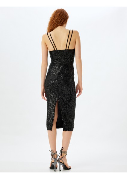 Pullu Payetli Abiye Elbise Midi Boy Çift Askılı Yırtmaçlı Kalp Yaka Slim Fit