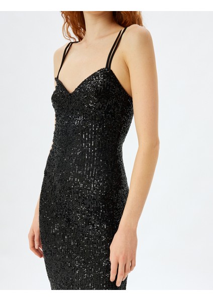 Pullu Payetli Abiye Elbise Midi Boy Çift Askılı Yırtmaçlı Kalp Yaka Slim Fit