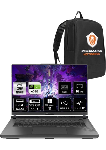 Rog Strix G16 Intel Core I7 13650HX 16GB 512GB SSD RTX4060/8GB 165HZ 16" Fhd+ W11H Taşınabilir Bilgisayar N3158 & Per4 Çanta N3158P347