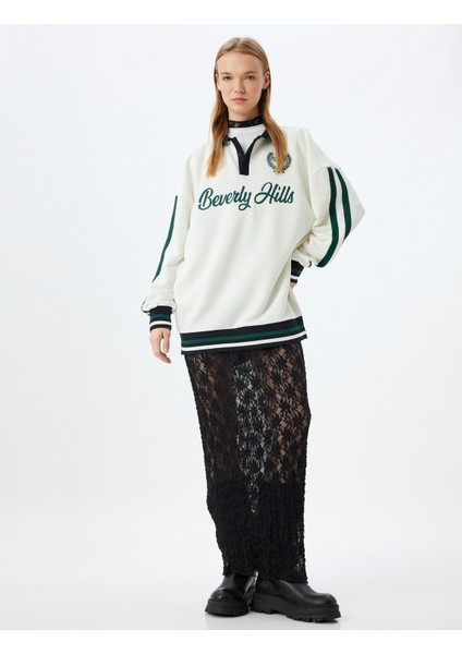 Polo Yaka Sweatshirt Oversize Kolej Işlemeli Şerit Detaylı Düğmeli Şardonlu fiyatları