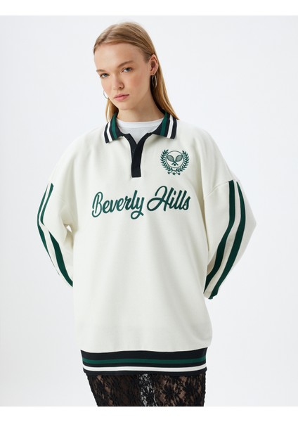 Polo Yaka Sweatshirt Oversize Kolej Işlemeli Şerit Detaylı Düğmeli Şardonlu modelleri