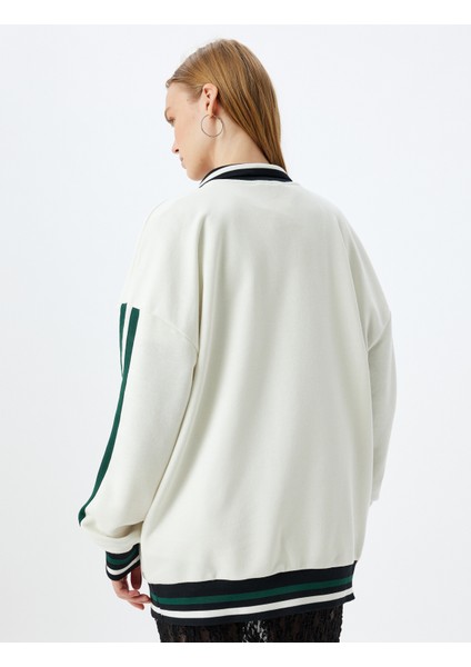 Polo Yaka Sweatshirt Oversize Kolej Işlemeli Şerit Detaylı Düğmeli Şardonlu fırsatları
