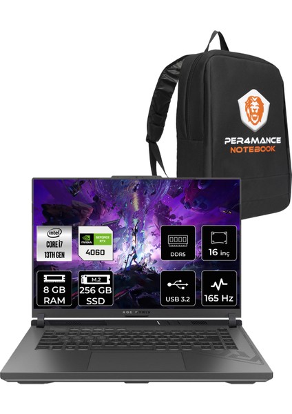 Rog Strix G16 Intel Core I7 13650HX 8gb 256GB SSD RTX4060/8GB 165HZ 16" Fhd+ Fdos Taşınabilir Bilgisayar N3157 & Per4 Çanta N3157P301