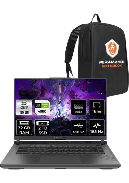 Rog Strix G16 Intel Core I7 13650HX 32GB 2tb SSD RTX4060/8GB 165HZ 16" Fhd+ Fdos Taşınabilir Bilgisayar N3157 & Per4 Çanta N3157P319