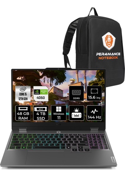 Loq Intel Core I5 12450HX 48GB 4tb SSD RTX4050/6GB 15.6" Fhd 144Hz W11P Taşınabilir Bilgisayar & Per4 Çanta 83GS007WTRP410