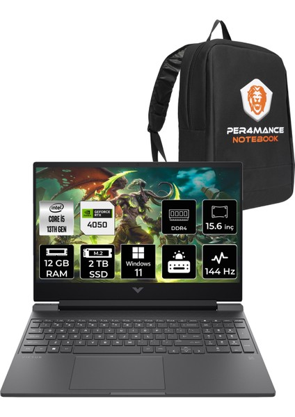 Hp Victus 15 Intel Core I5 13420H 12GB 2tb SSD RTX4050/6GB 15.6" Fhd 144Hz W11P Taşınabilir Bilgisayar & Per4 Çanta A0BH2EAPN409