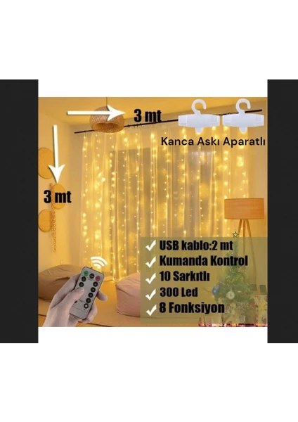 Sge Teknoloji  3x3 Metre 300 LED Kumandalı LED Perde Işığı Peri LED