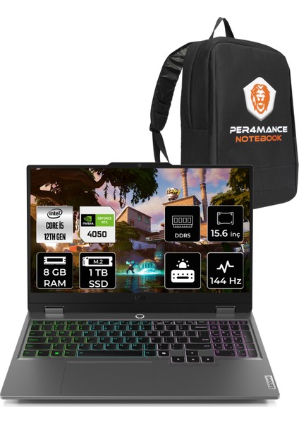 Loq Intel Core I5 12450HX 8gb 1tb SSD RTX4050/6GB 15.6" Fhd 144Hz Fdos Taşınabilir Bilgisayar & Per4 Çanta 83GS007WTRP303