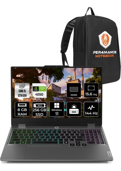 Loq Intel Core I5 12450HX 8gb 256GB SSD RTX4050/6GB 15.6" Fhd 144Hz W11P Taşınabilir Bilgisayar & Per4 Çanta 83GS007WTRP381
