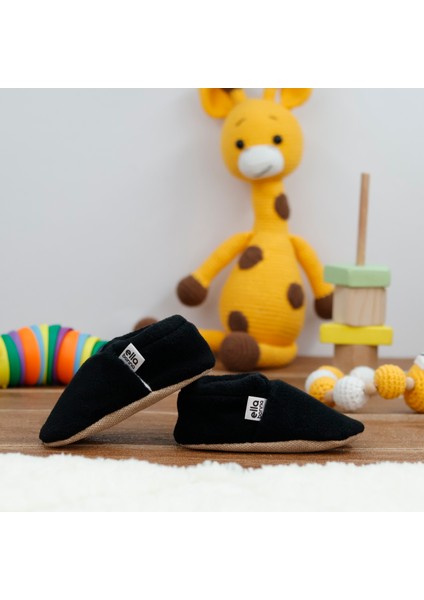 Polar Bebek Pandufu Ev Patiği, Kaydırmaz Taban, Organik Pamuk Astar Kreş Ayakkabısı, Siyah