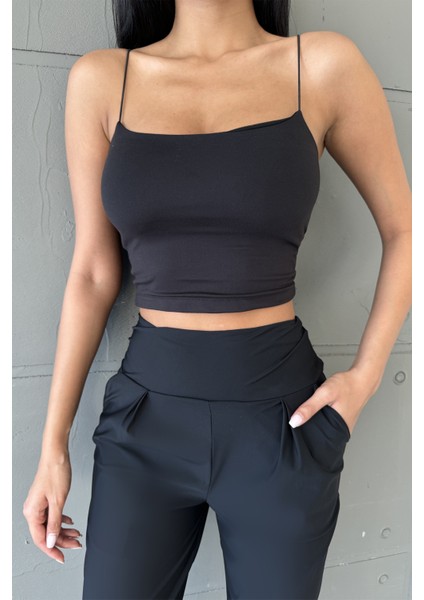 Esnek Ip Aslkılı, Kadın Örme Esnek Crop Top Atlet Bluz @terni