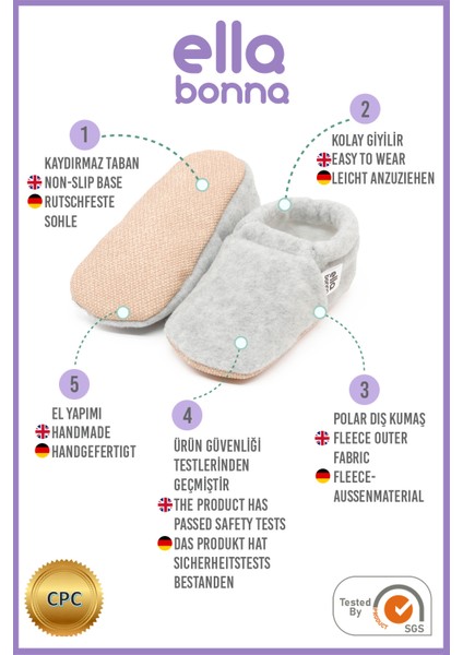 Polar Bebek Pandufu Ev Patiği, Kaydırmaz Taban, Organik Pamuk Astar Kreş Ayakkabısı, Gri modelleri